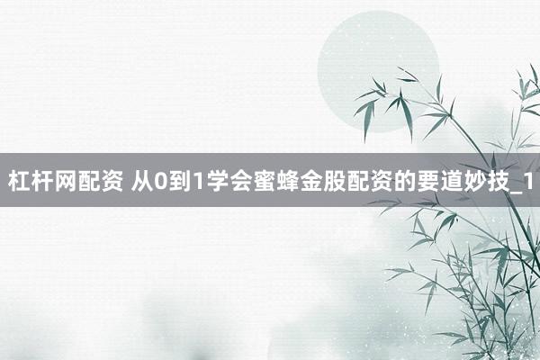 杠杆网配资 从0到1学会蜜蜂金股配资的要道妙技_1